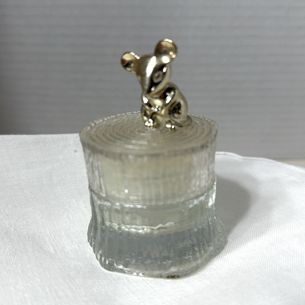 Vintage 70’s Avon Gold Tone Tree Mouse Trinket Sachet Jar Clear Glass & Acrylic